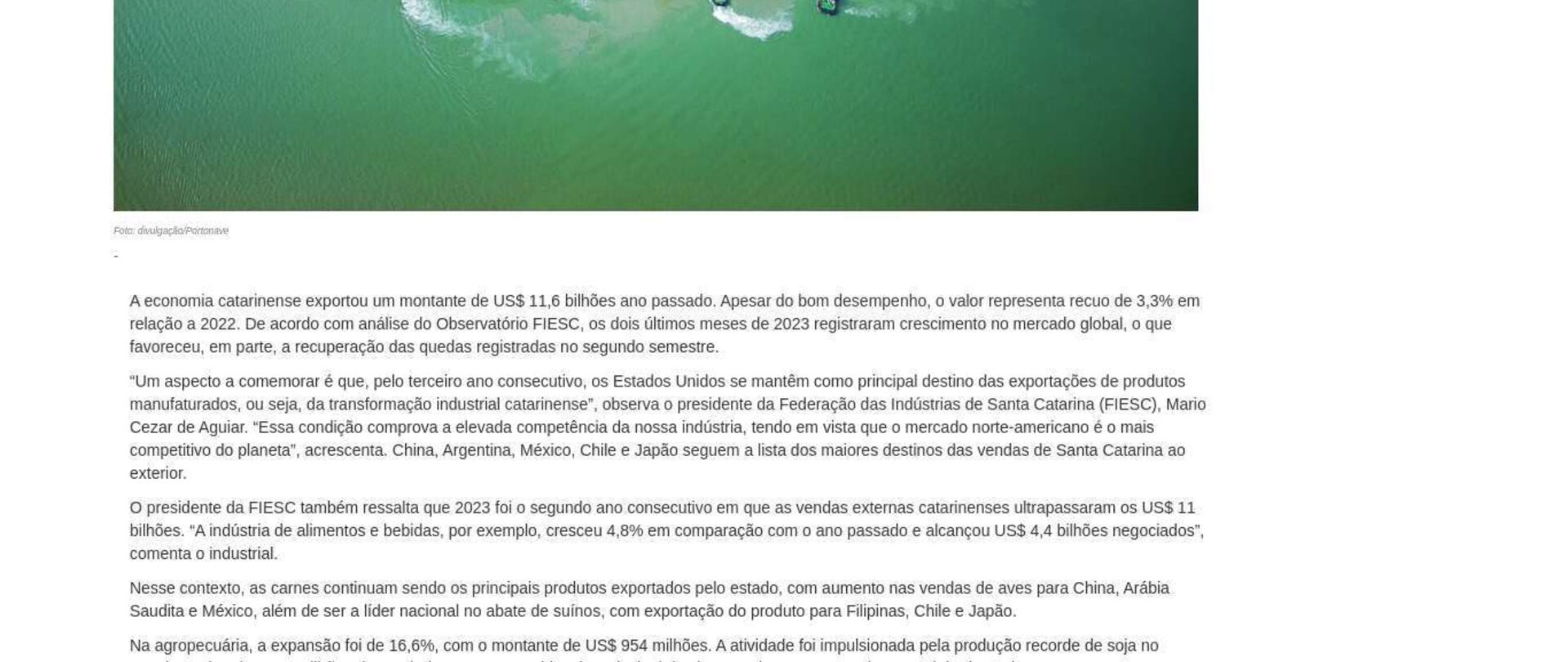 SC exporta US$ 11,6 bilhões em 2023