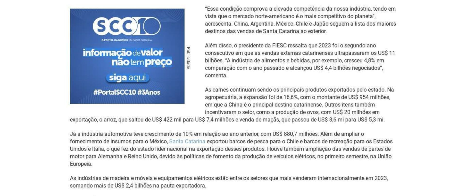 A economia catarinense fez exportações de US$ 11,6 bilhões em 2023
