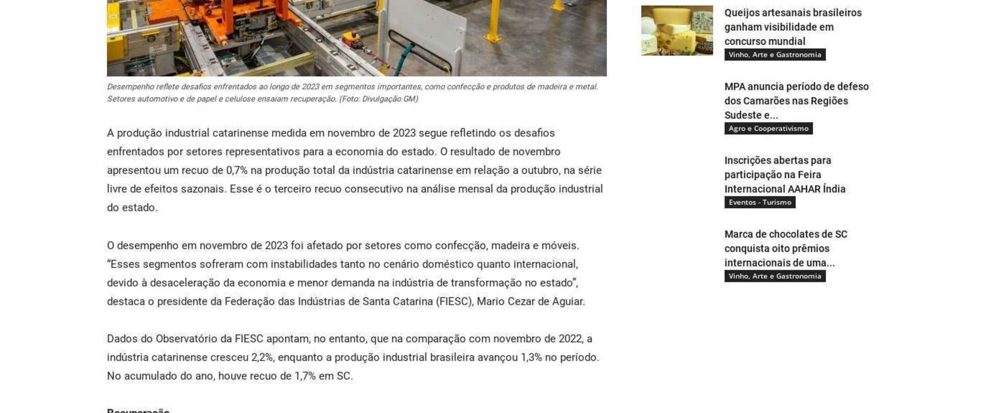 Produção industrial catarinense recua 0,7% em novembro
