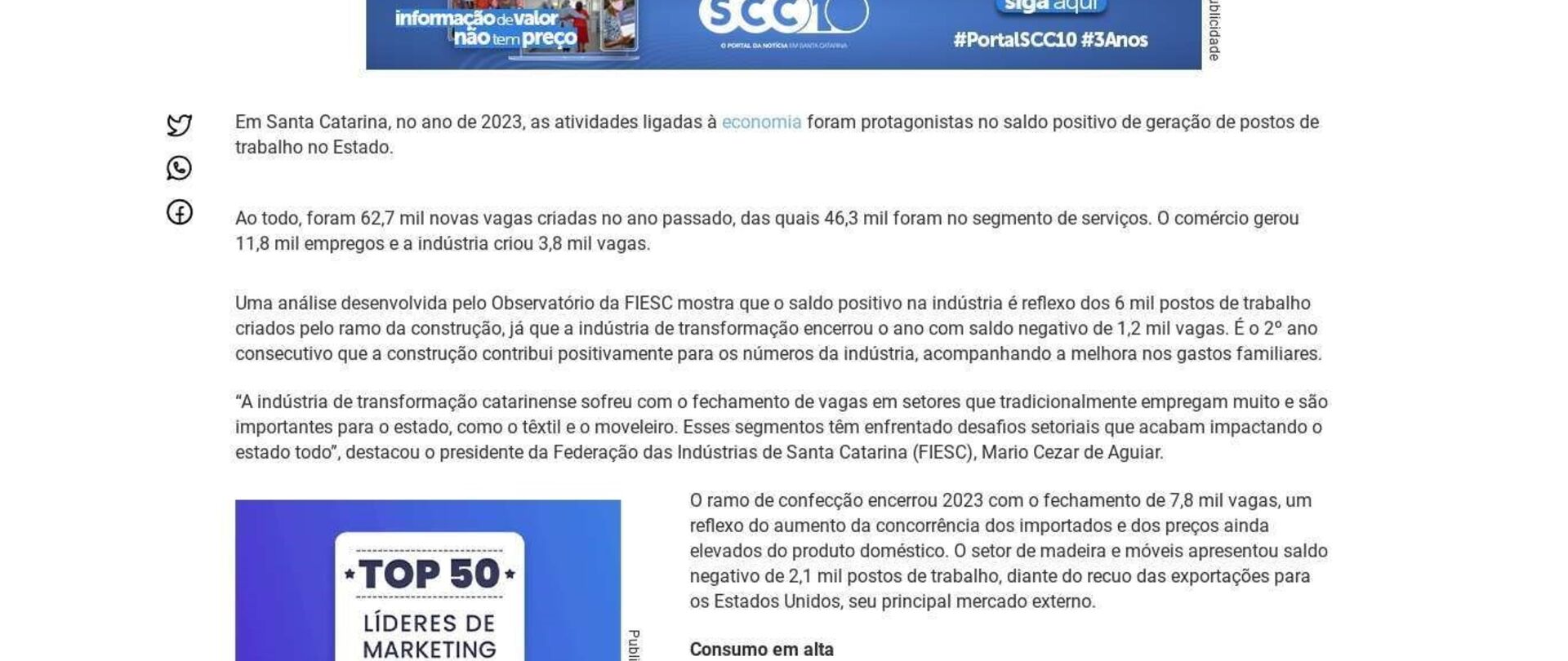 SC fornece 62,7 mil novas vagas de trabalho em 2023