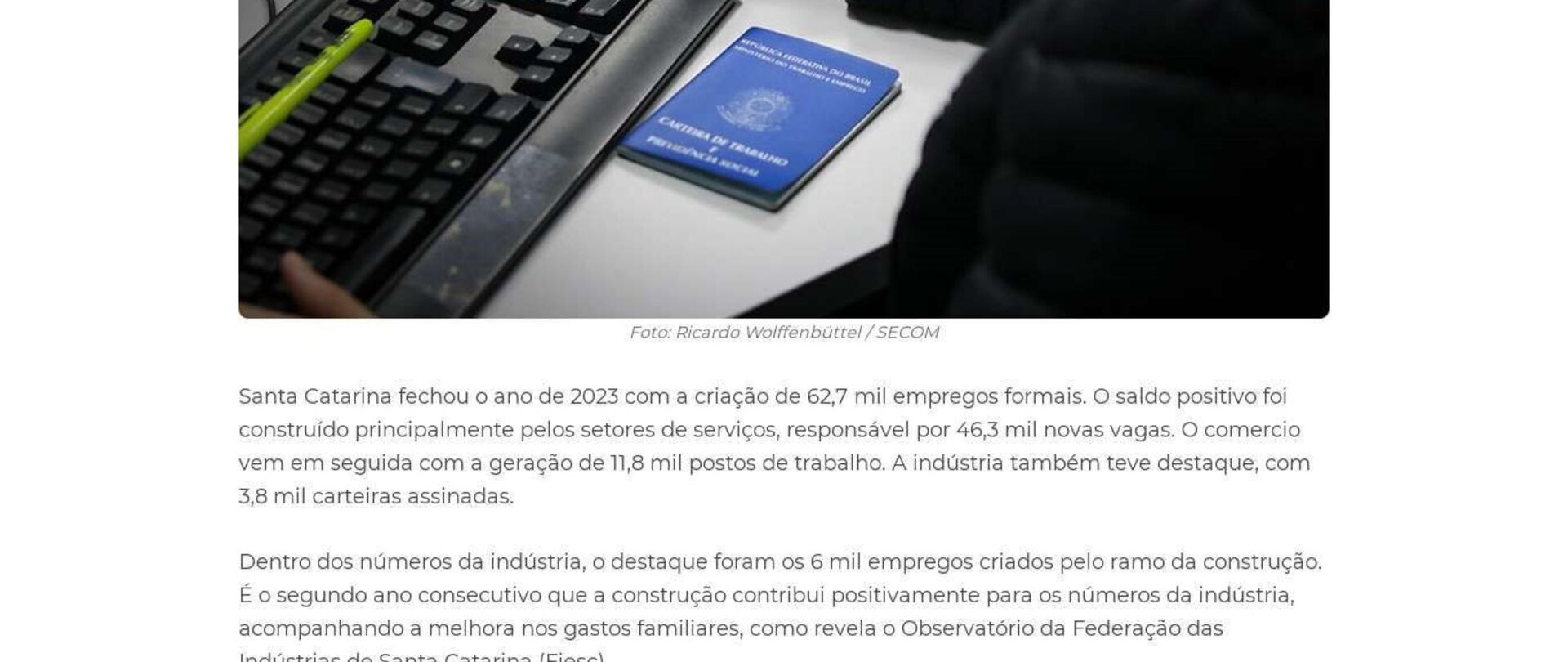 SC fecha 2023 com 62,7 mil empregos formais criados