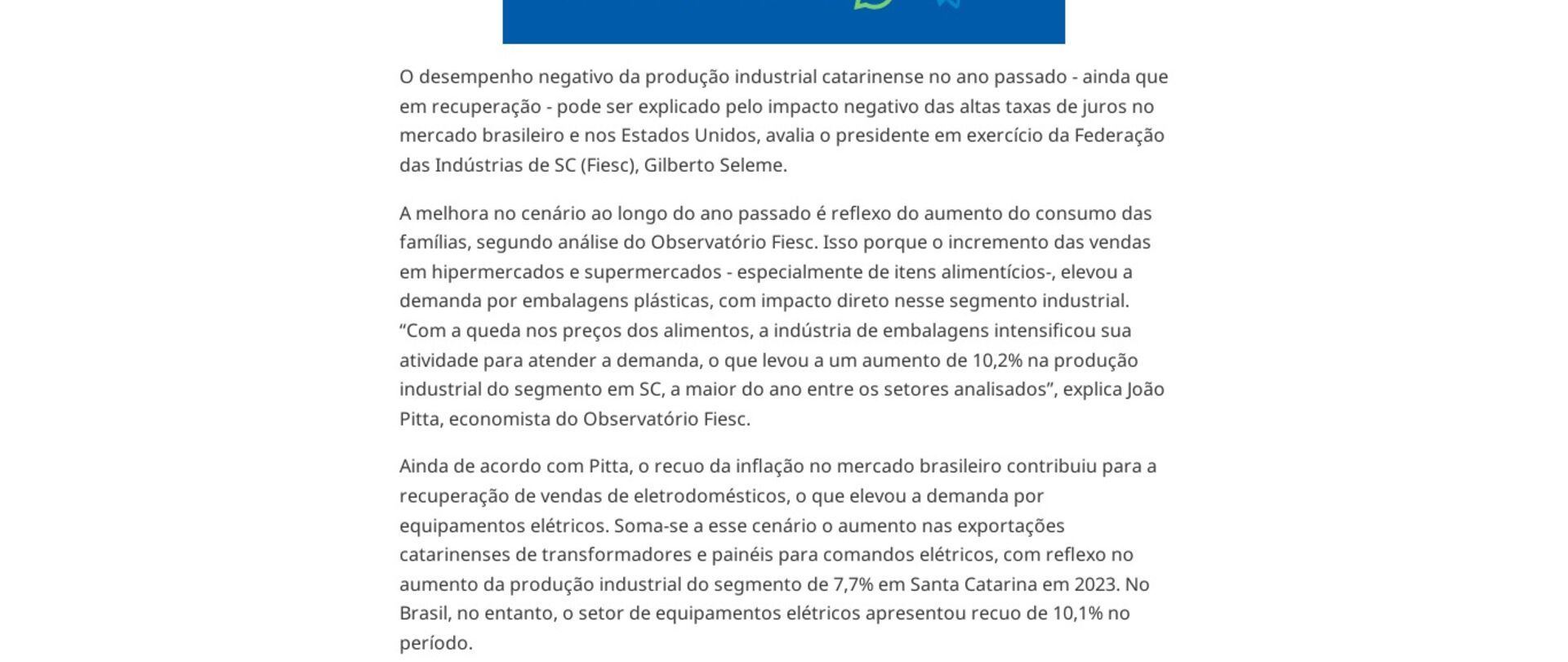 Produção industrial de SC cai 1,3% em 2023, mas encerra ano demonstrando recuperação