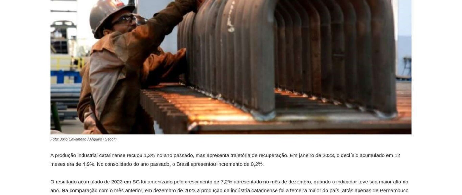 Produção industrial de SC cai 1,3% em 2023