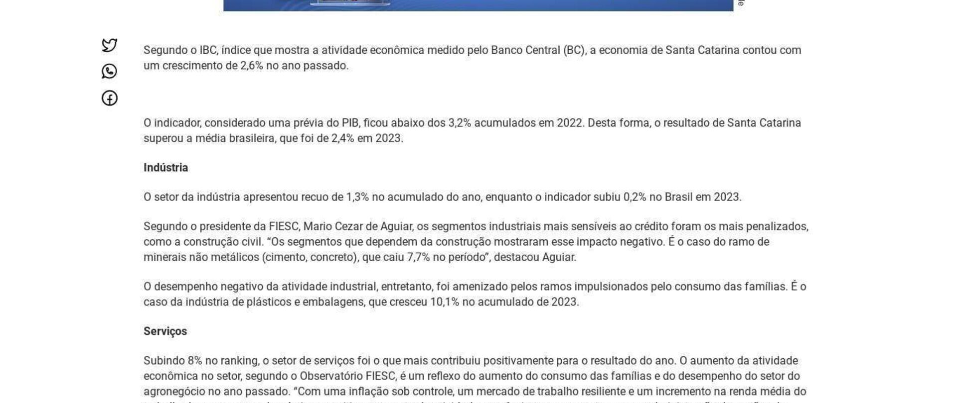 Economia: Atividade no ramo cresce 2,6% em Santa Catarina