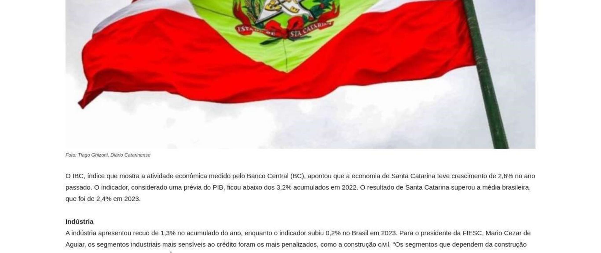 Atividade econômica de SC cresce 2,6% em 2023
