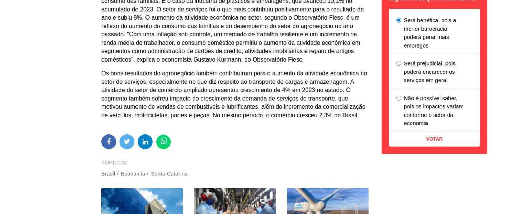 Atividade econômica catarinense cresce 2,6% em 2023