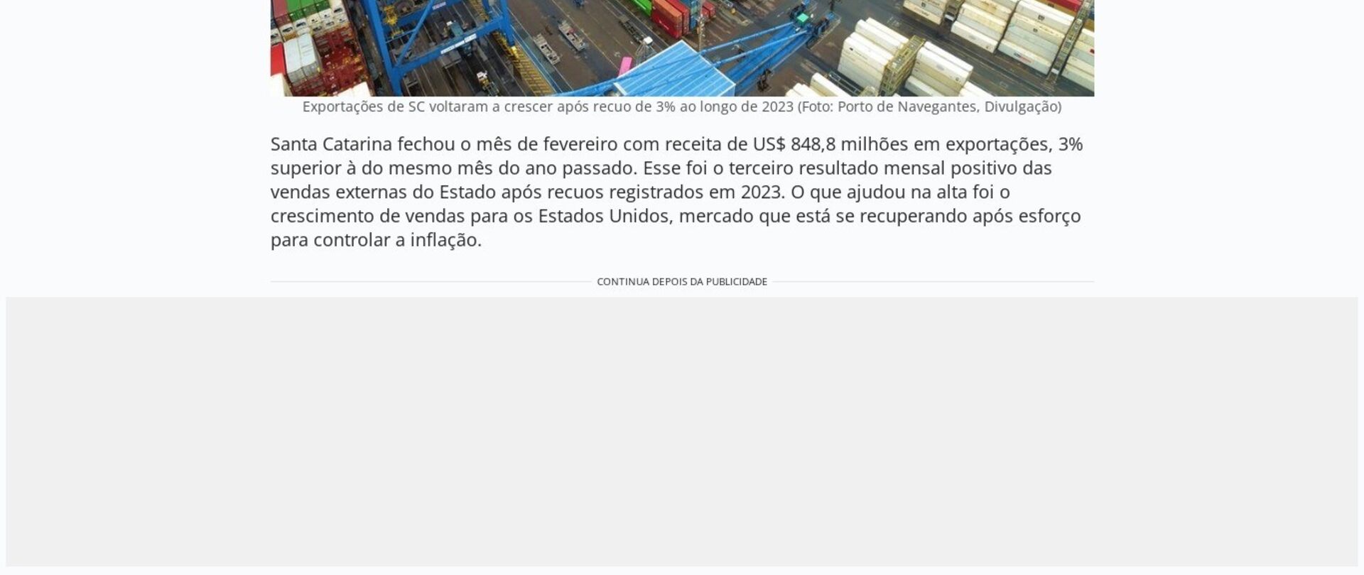 Exportações de SC crescem 3% em fevereiro, puxadas por vendas aos Estados Unidos