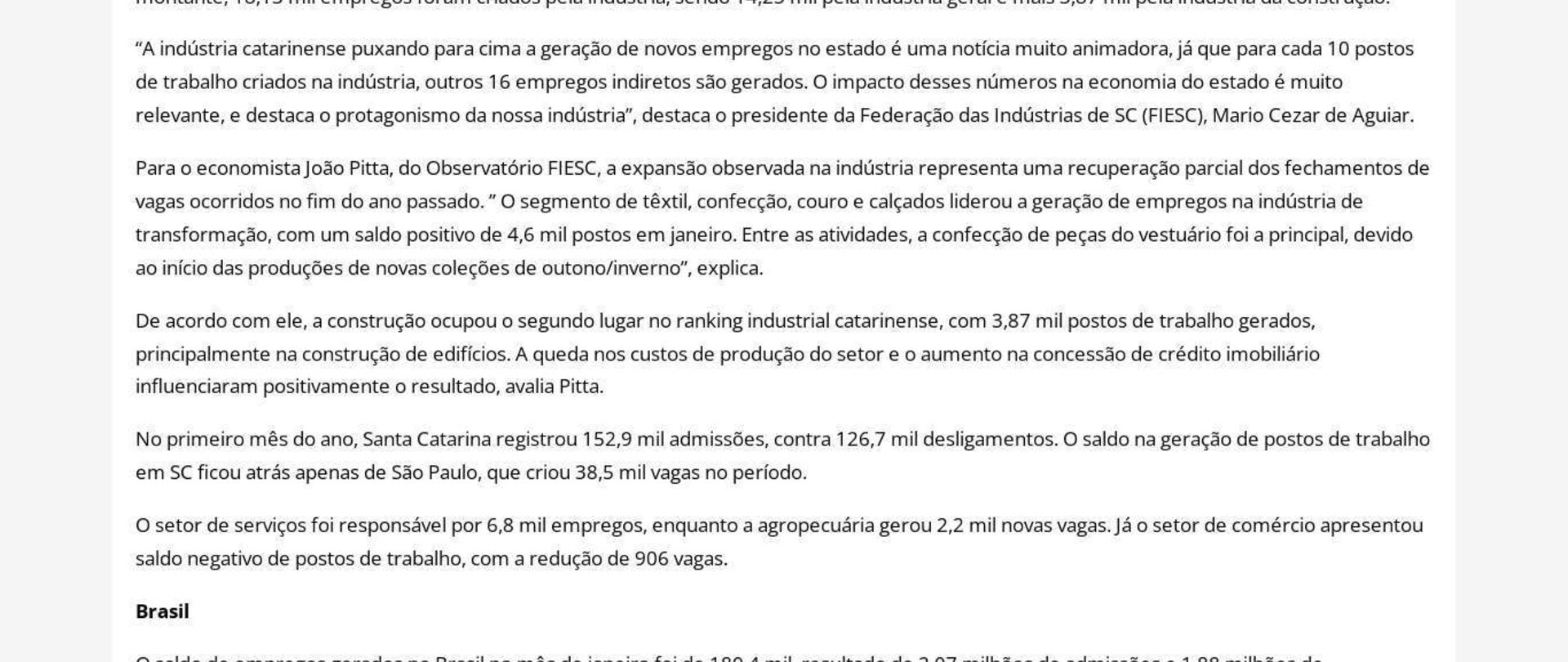 Indústria puxa geração de novas vagas de trabalho em SC em janeiro