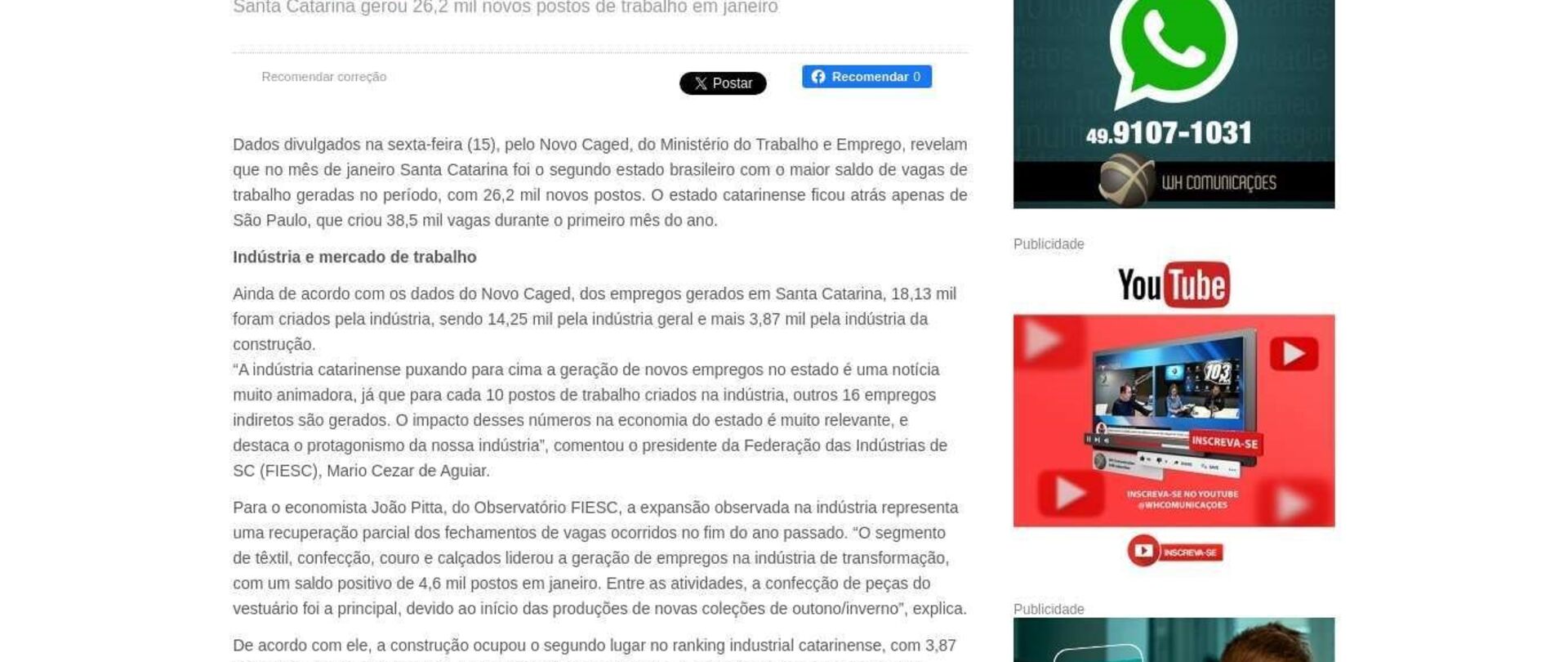 Santa Catarina registra segundo maior saldo de ações do Brasil