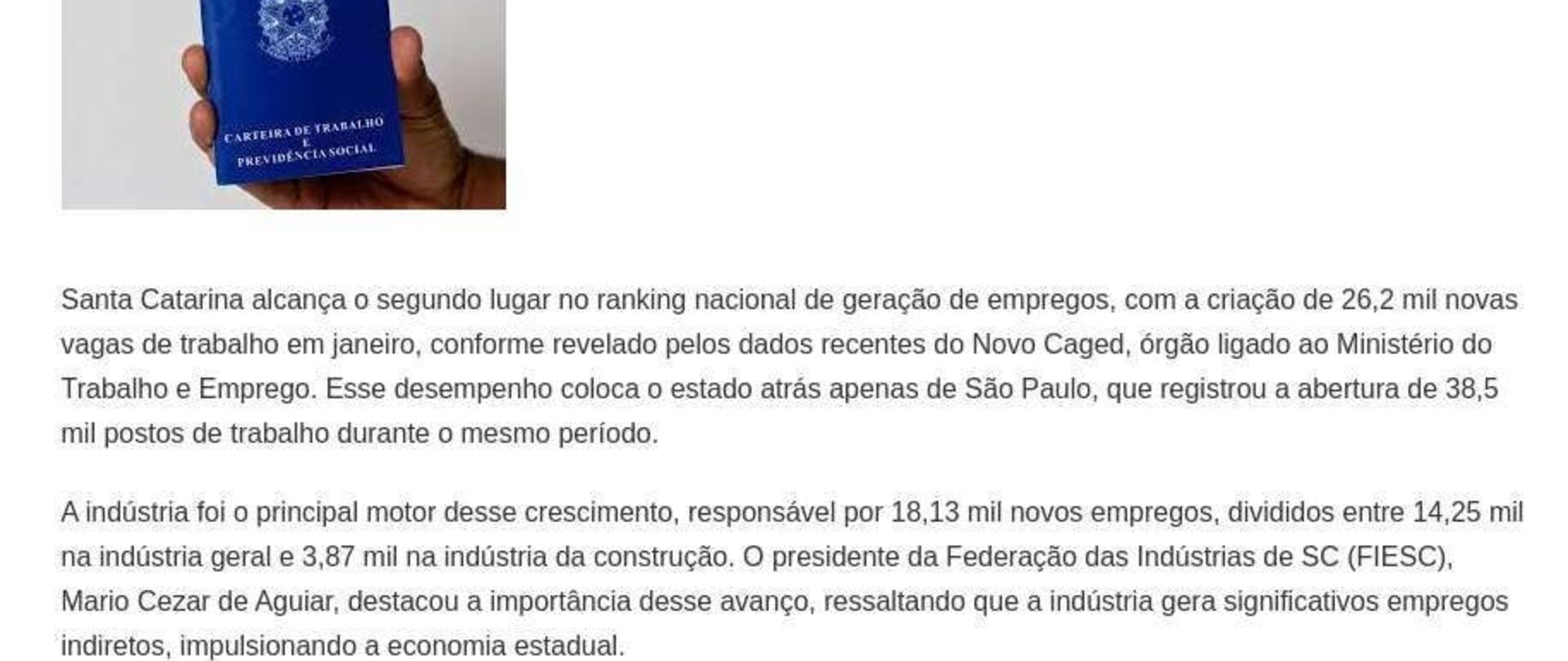 Santa Catarina alcança o segundo lugar no ranking nacional de geração de empregos