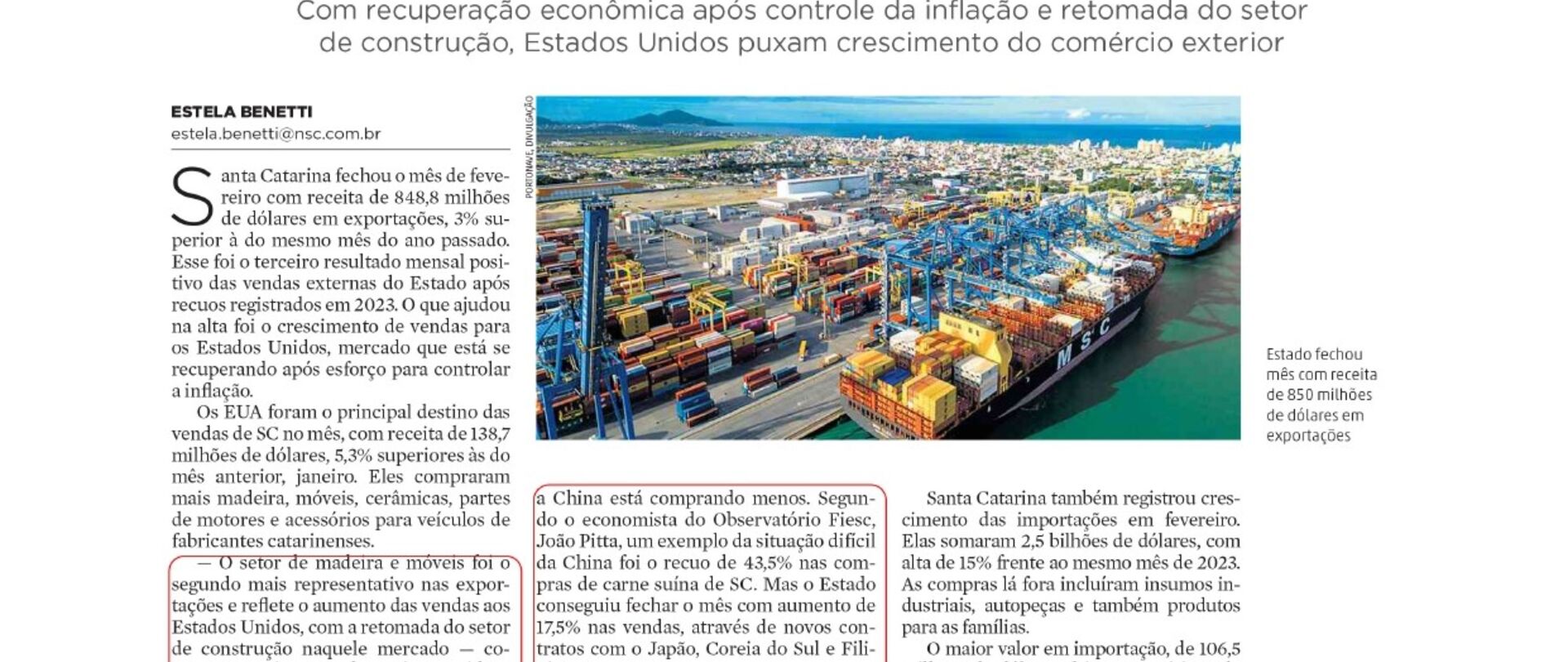 Exportações de SC crescem 3% em fevereiro