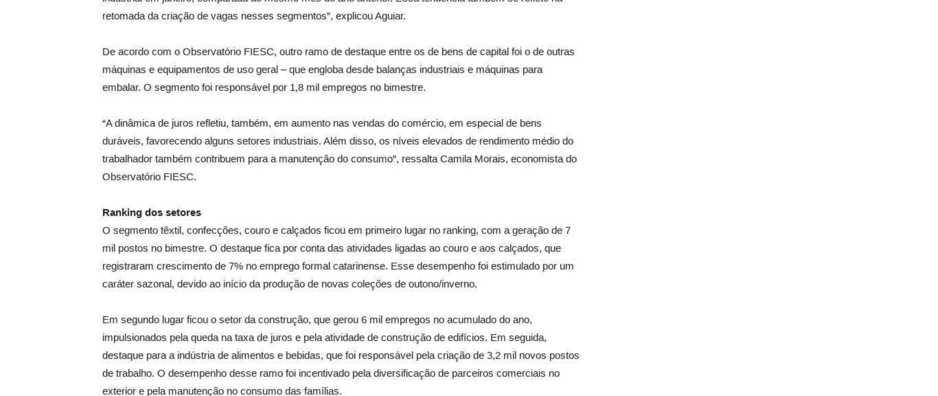 Indústria lidera geração de empregos em SC