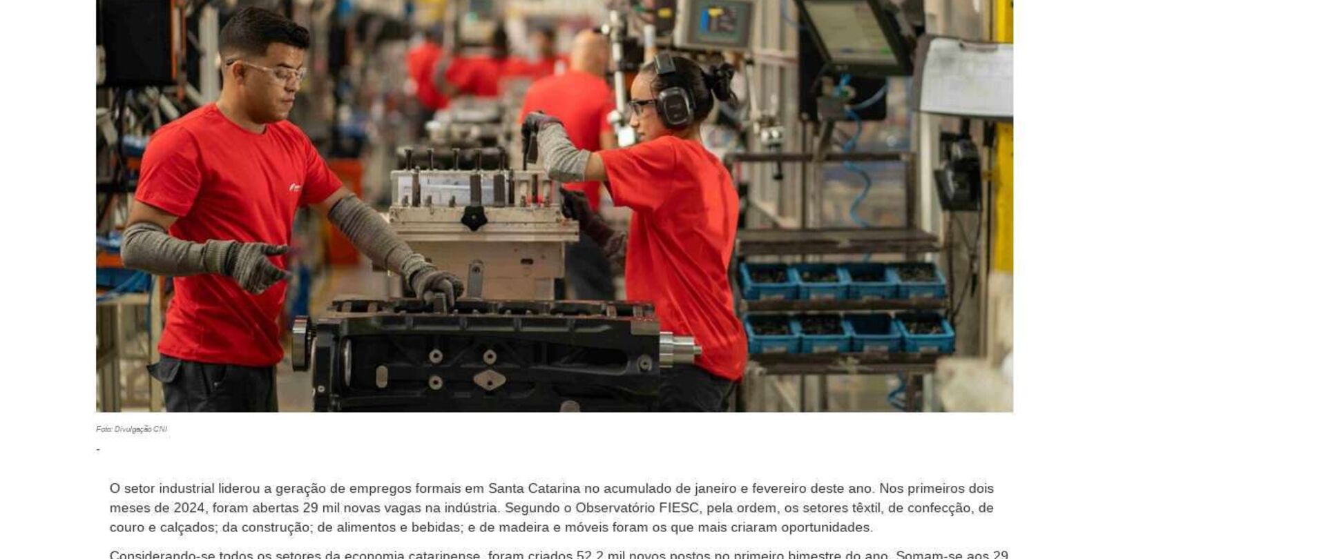 Indústria lidera geração de empregos em Santa Catarina