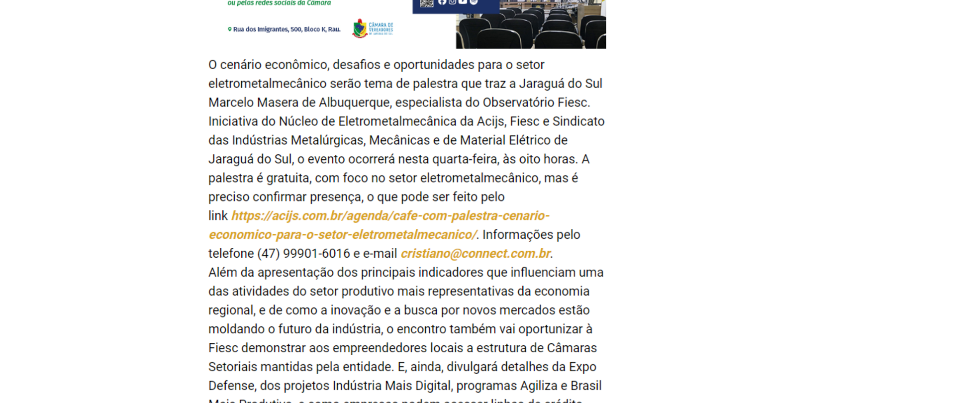 Economista palestra para empresários do setor eletrometalmecânico