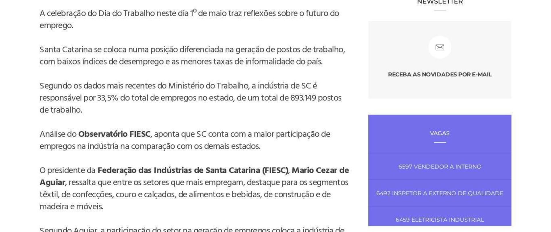 SC lidera ranking nacional de participação da indústria no mercado de trabalho