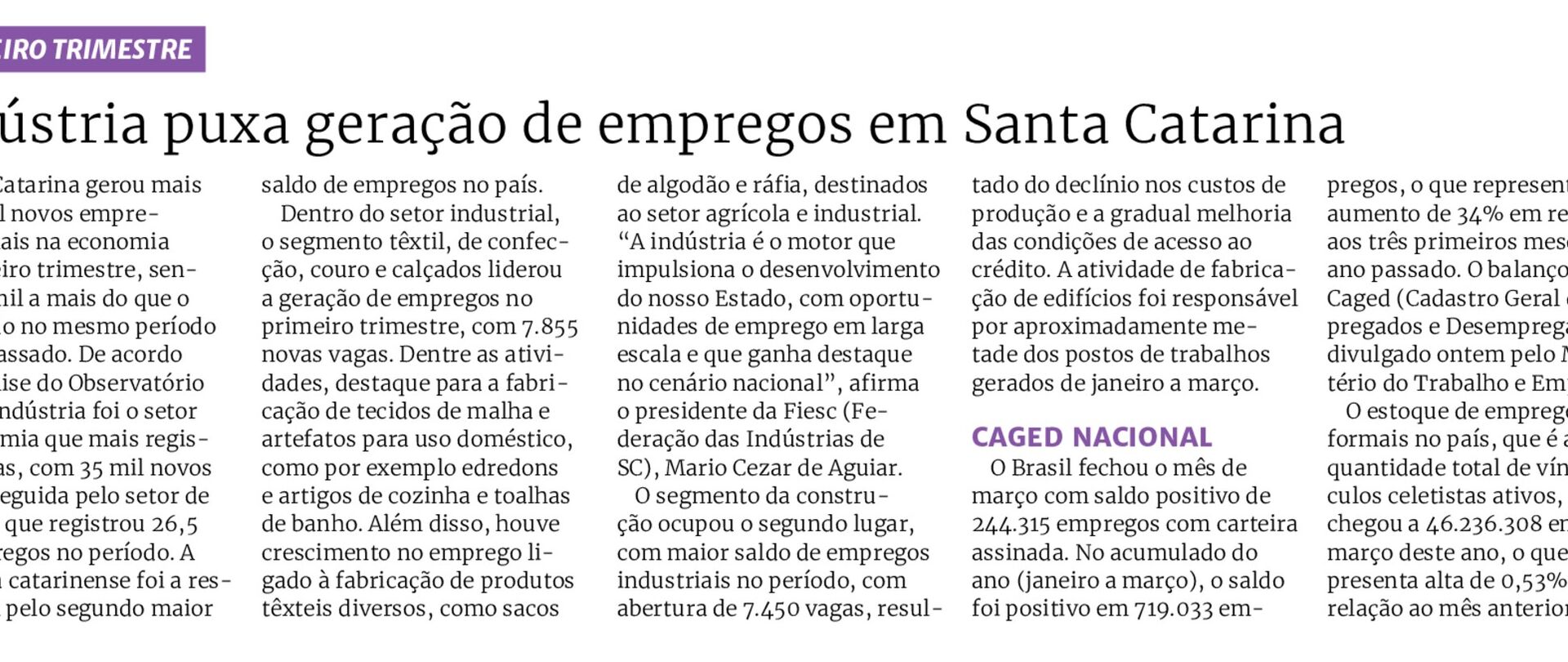 Indústria puxa geração de empregos em Santa Catarina