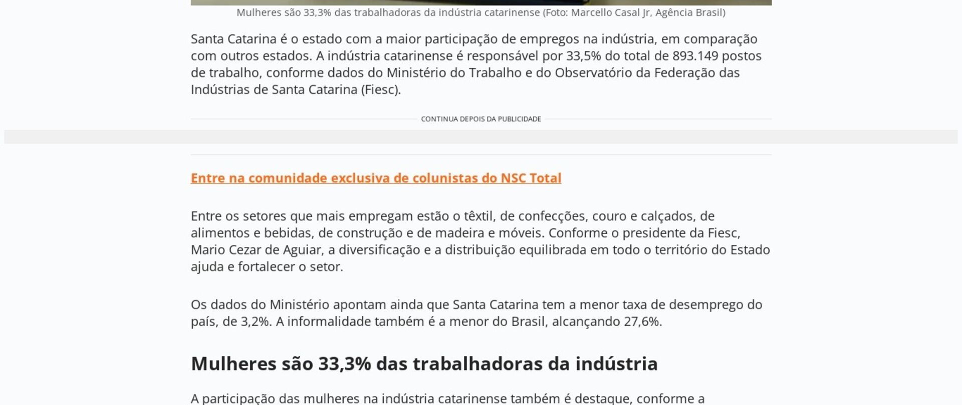 SC é o estado com maior participação da indústria no mercado de trabalho