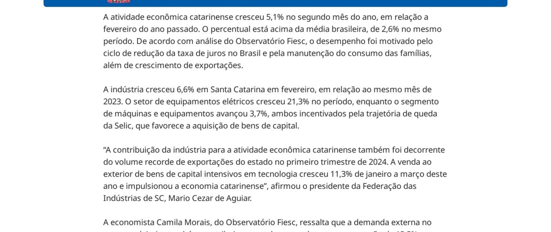 Economia de SC cresce 5,1% em fevereiro, incentivada por juros, exportações e consumo interno