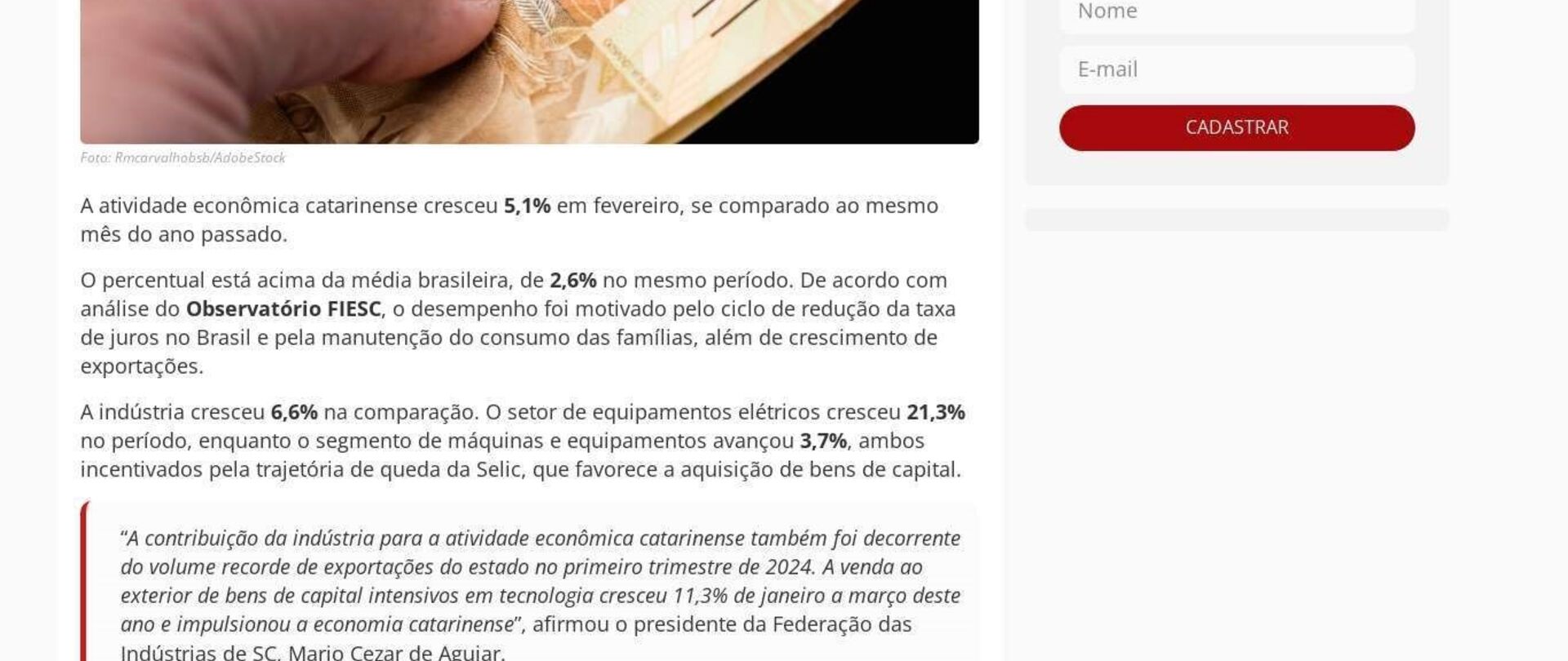 Economia de SC cresce 5,1% em fevereiro