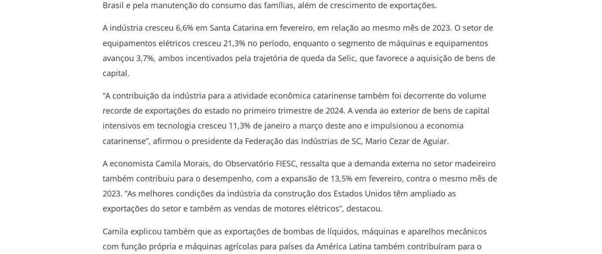 Economia de SC cresce 5,1% em fevereiro, incentivada por juros, exportações e consumo interno