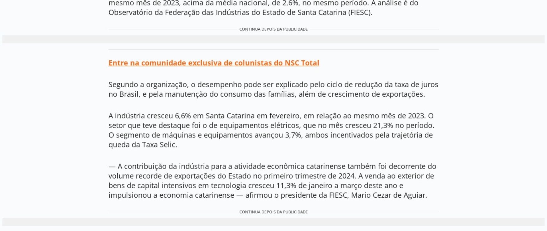 Economia de SC cresce 5,1% em fevereiro, acima da média nacional