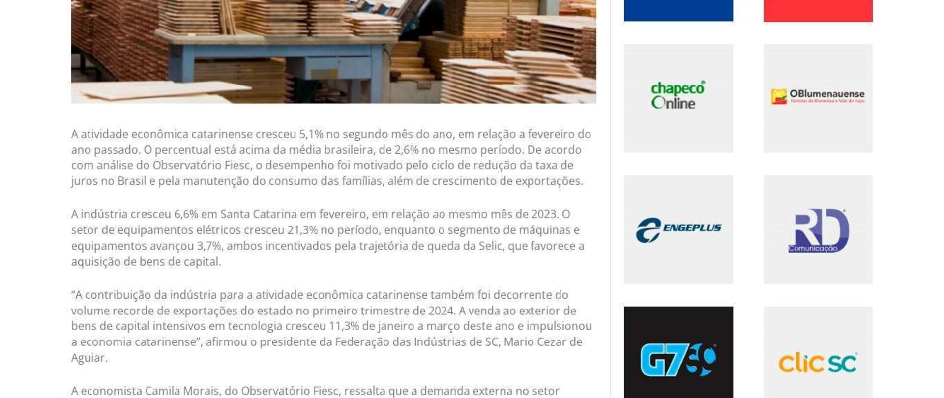 Economia de SC cresce 5,1% em fevereiro, incentivada por juros, exportações e consumo