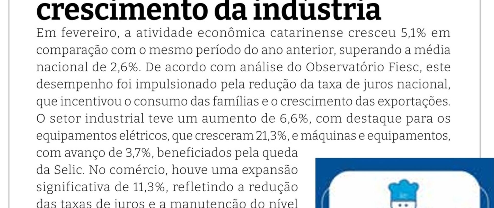 Fiesc divulga panorama do crescimento da indústria
