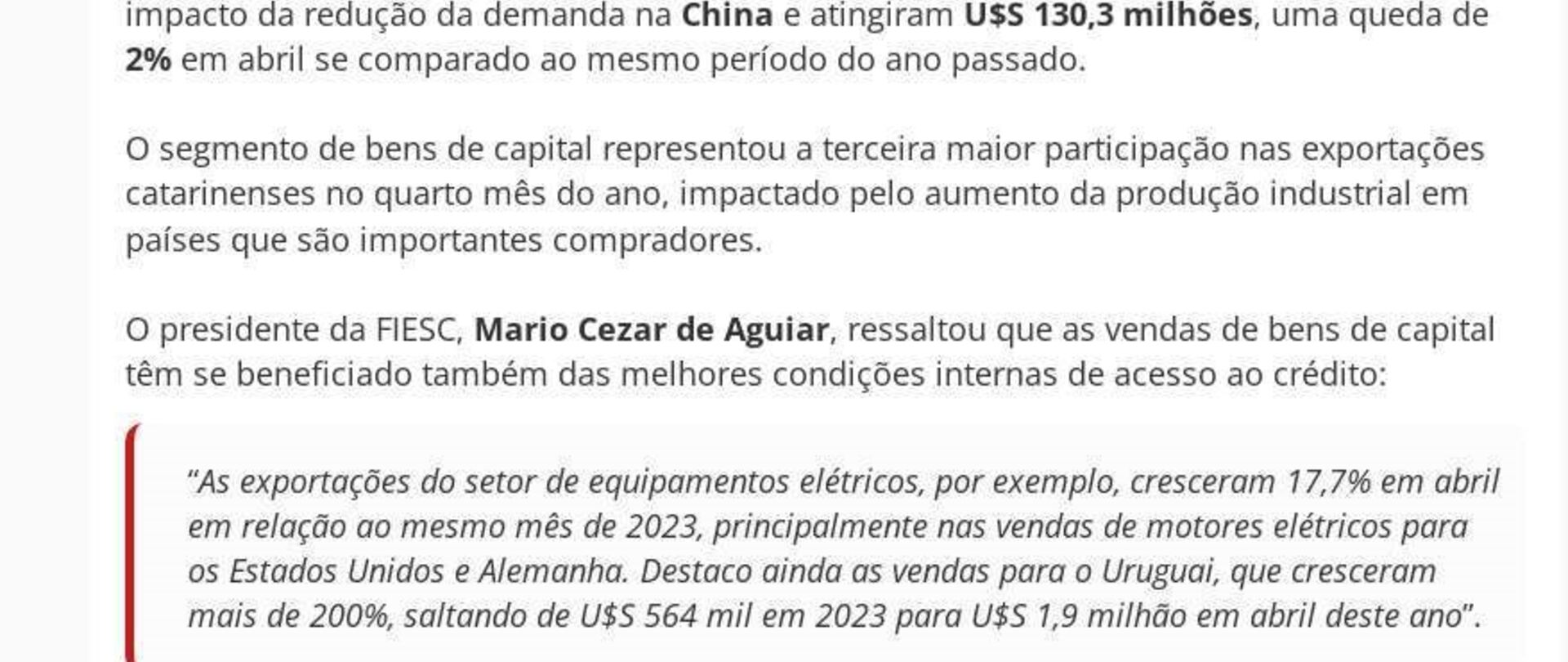 Exportações de SC crescem 2,4% e alcançam U$S 995,5 milhões em abril