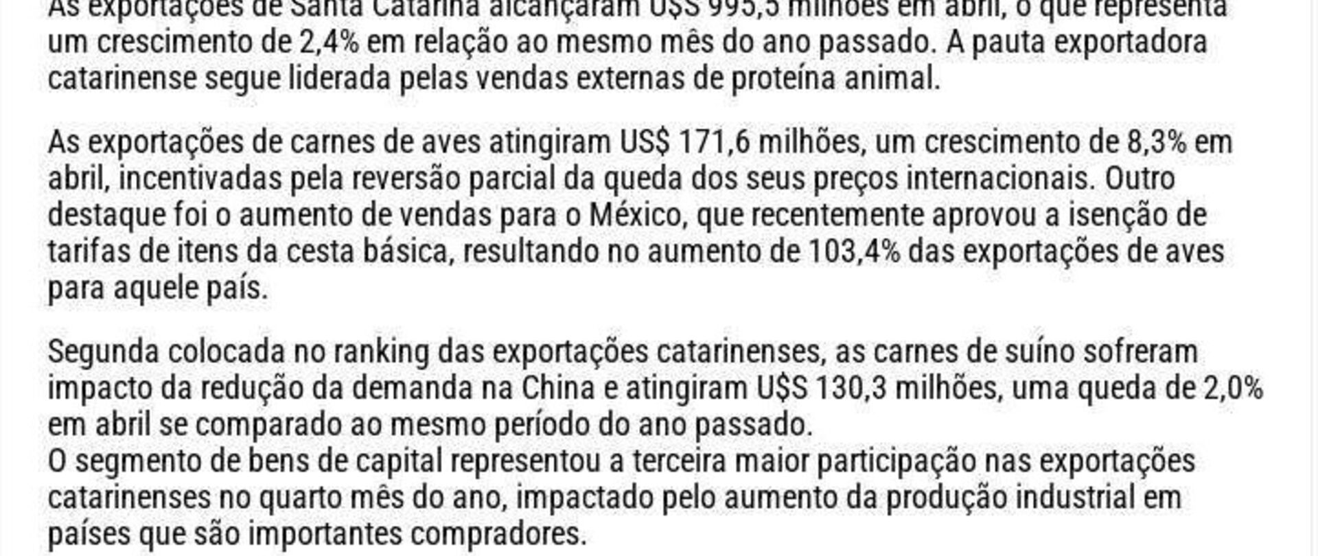 Exportações de SC crescem 2,4% e alcançam U$S 995,5 milhões em abril