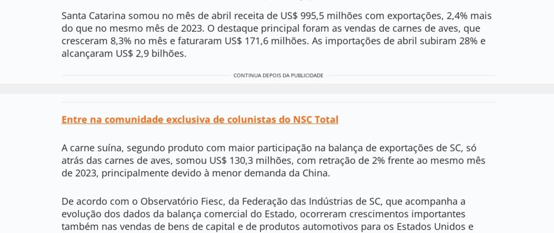 Exportações de SC crescem 2,4% em abril puxadas por proteína animal