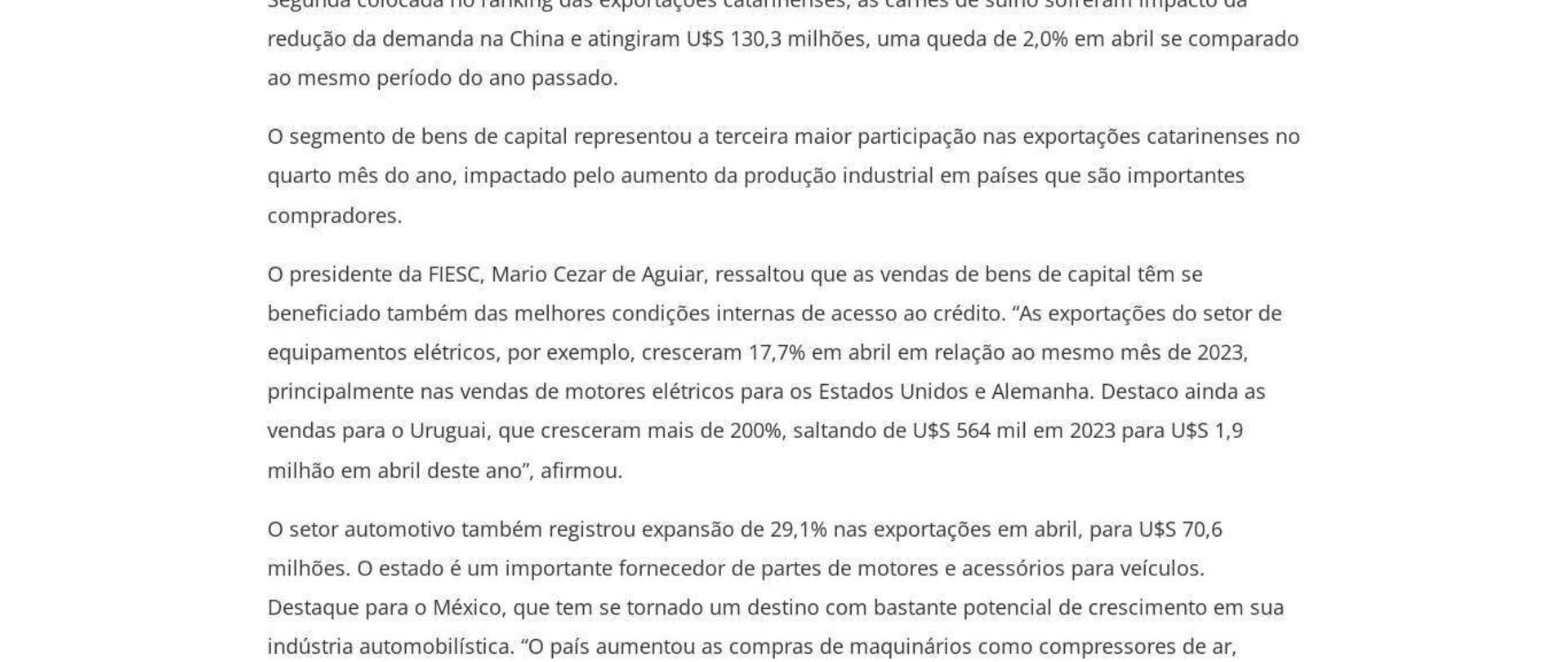 Exportações de SC crescem 2,4% e alcançam U$S 995,5 milhões em abril