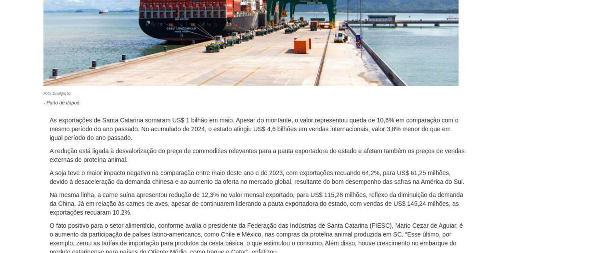 Apesar do recuo em relação a 2023, exportações catarinenses atingem U$ 1 bilhão em maio