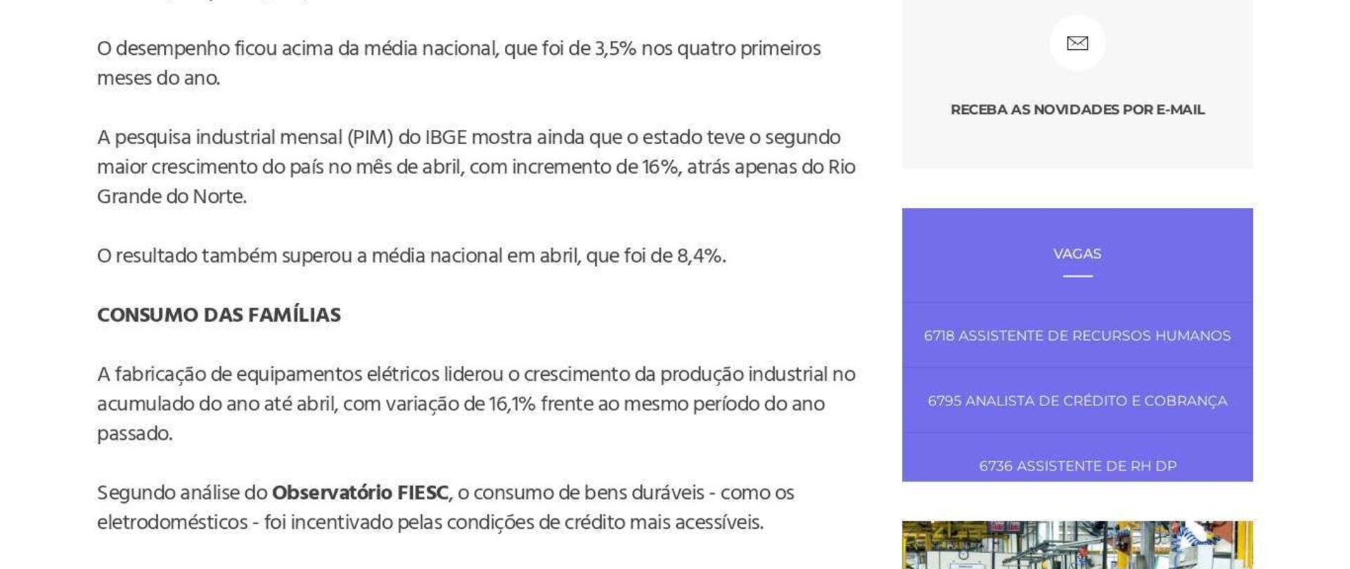 Produção industrial de Santa Catarina avança 6,5% no ano até abril