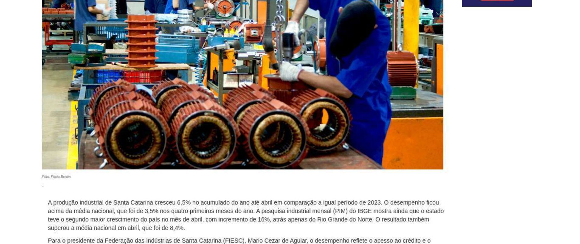 Produção industrial de SC avança 16% em abril, o 2º maior crescimento do país