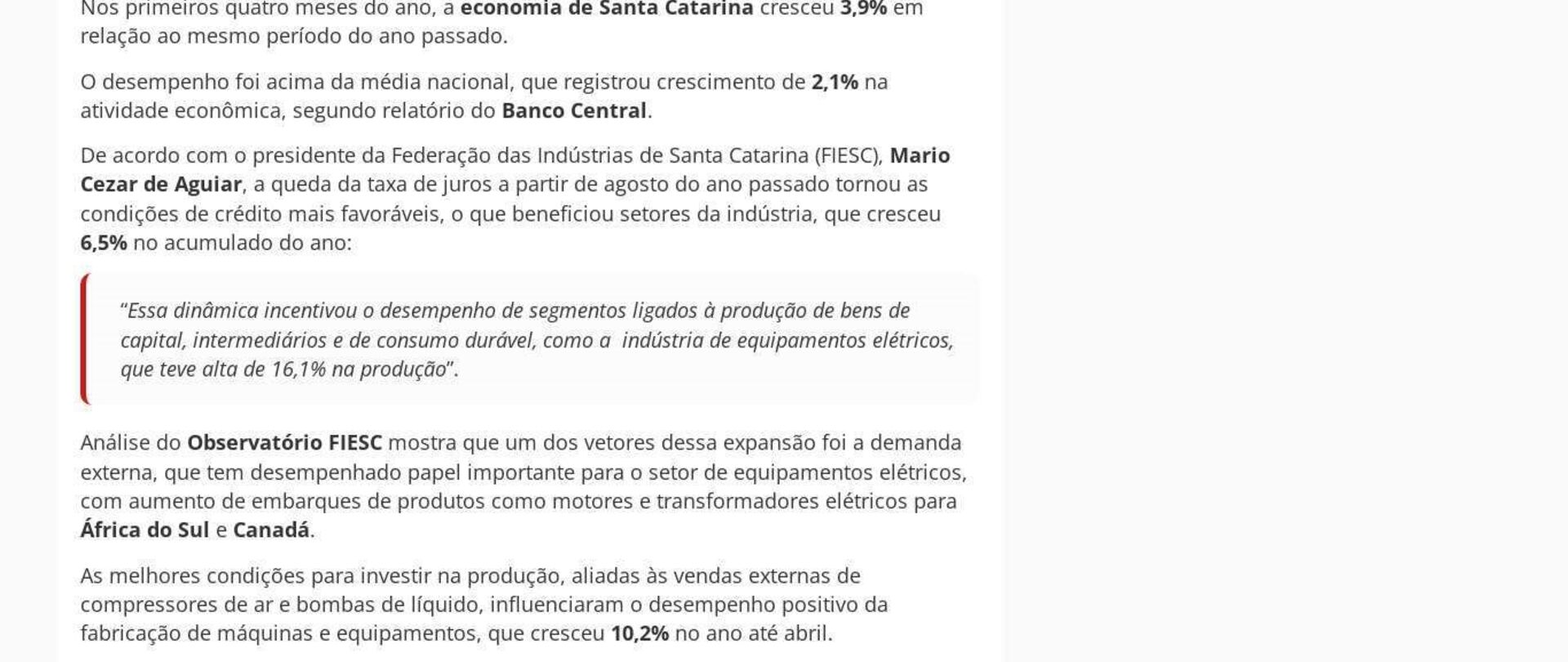Economia de SC cresce 3,9% de janeiro a abril