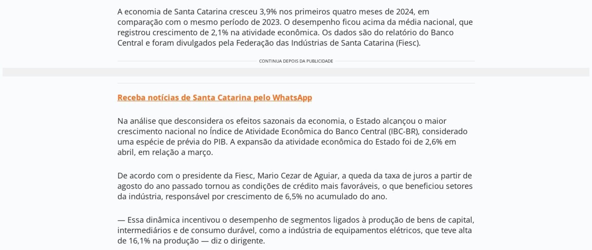 Economia de SC cresce 3,9% nos quatro primeiros meses de 2024