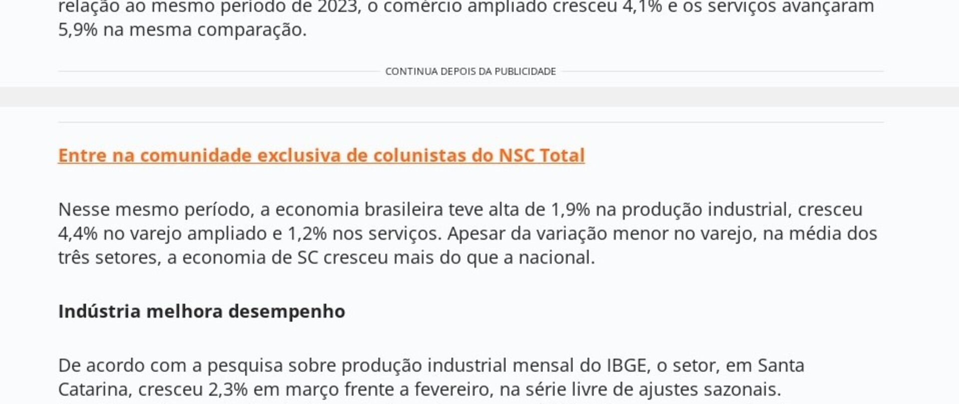 Indústria, comércio e serviços crescem em SC no primeiro trimestre, apura o IBGE