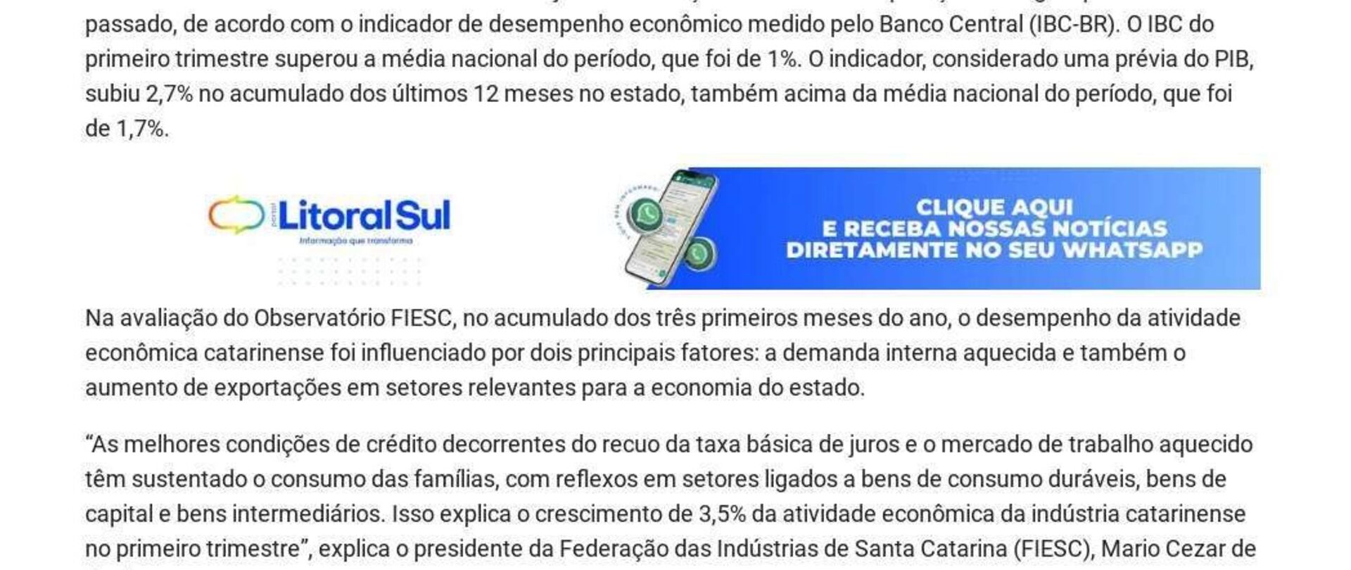 Atividade econômica catarinense sobe 3% no primeiro trimestre