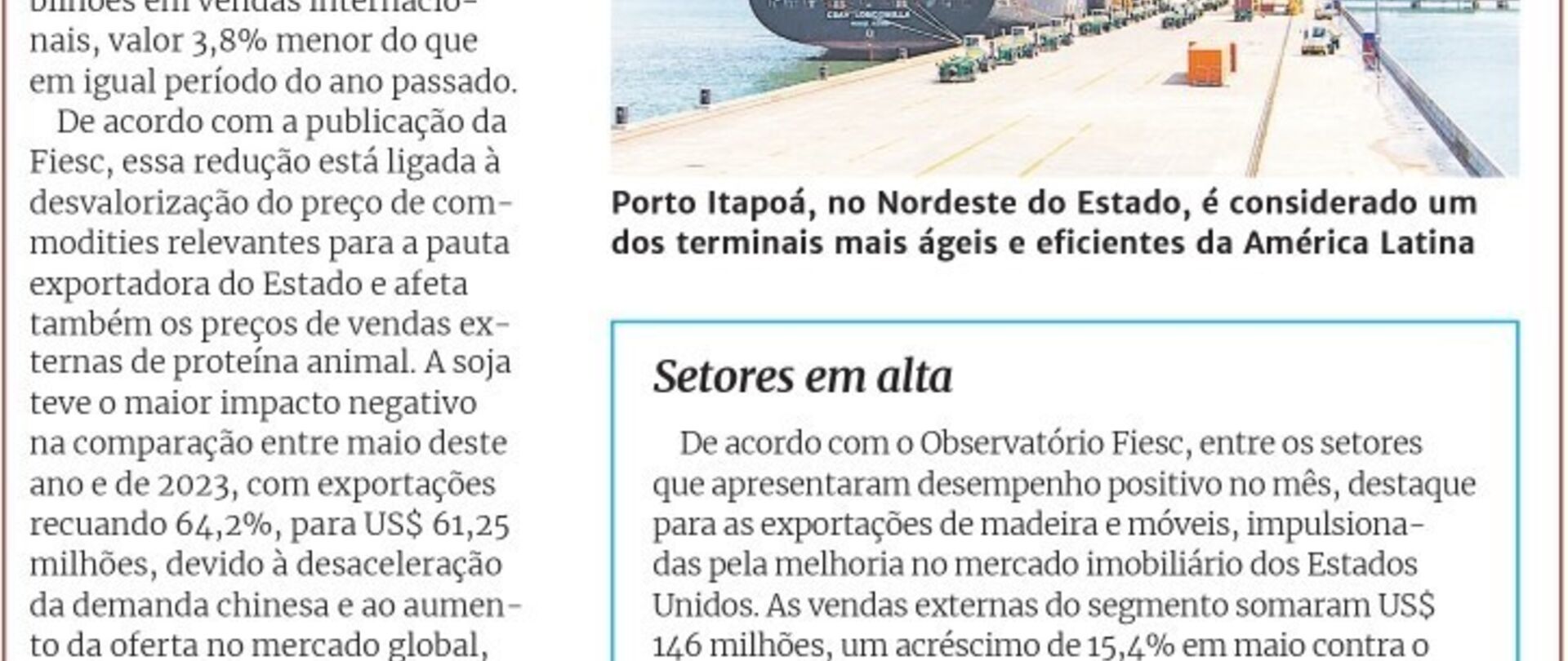 Exportações catarinenses somam US$ 1 bilhão em maio