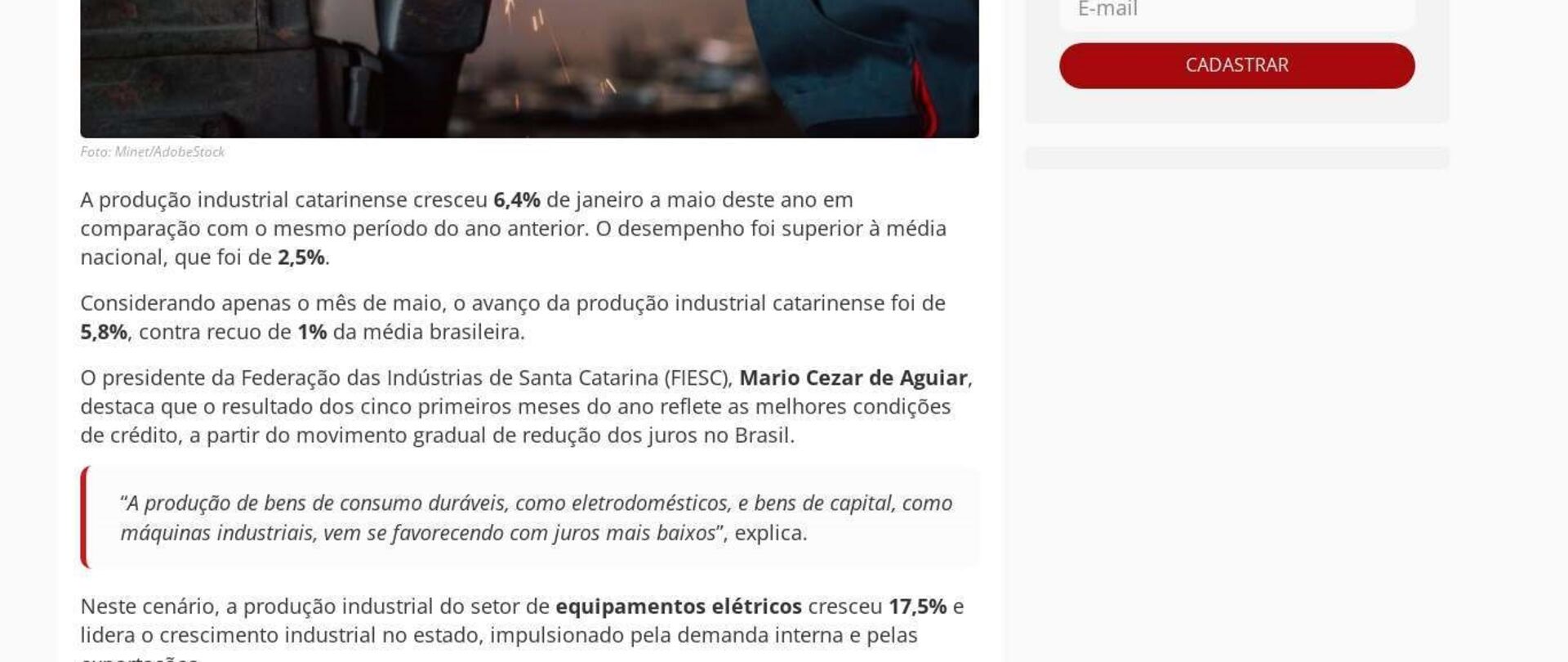 Indústria de SC cresce 6,4% de janeiro a maio