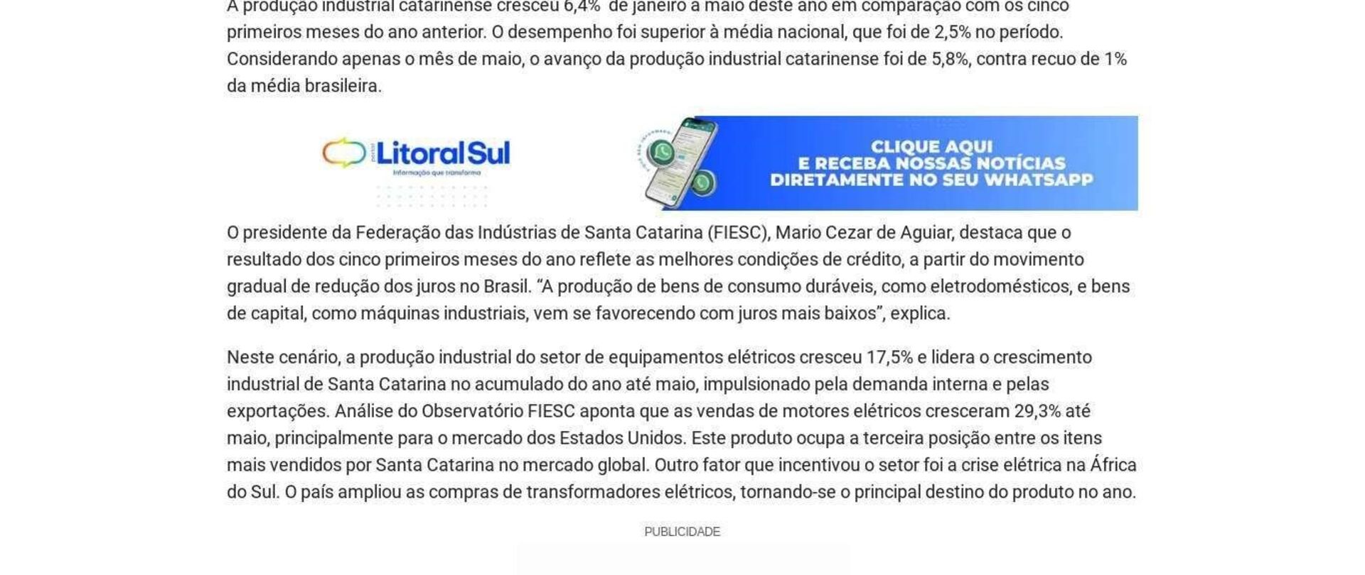 Entre janeiro e maio, produção industrial catarinense cresce 6,4% em comparação a 2023