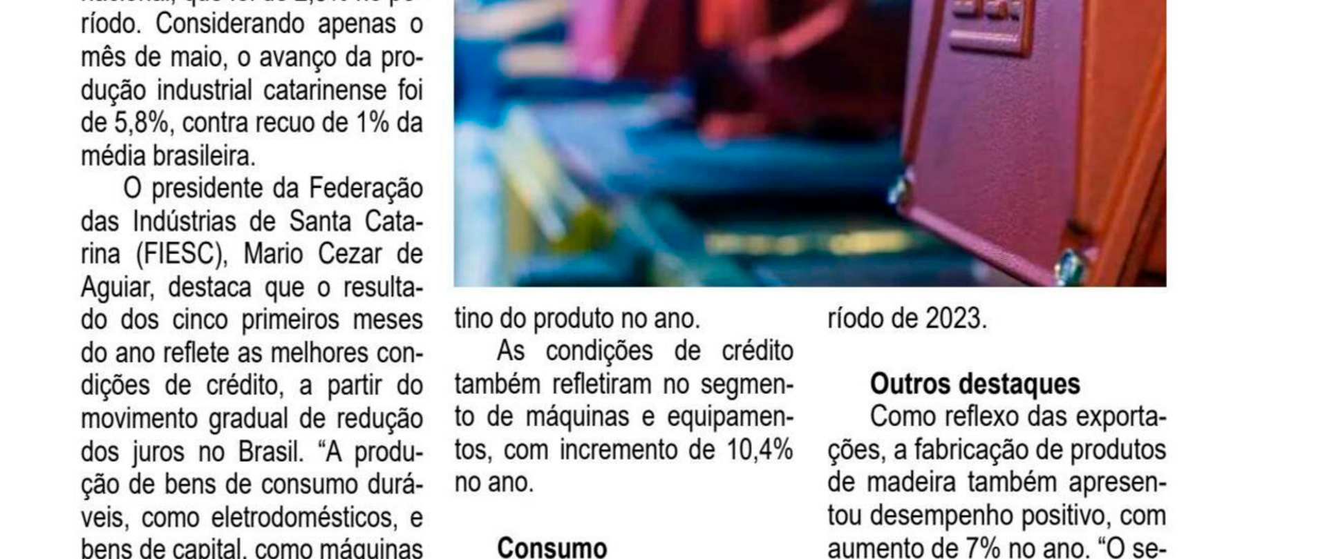 Entre janeiro e maio, produção industrial catarinense cresce 6,4% em comparação a 2023