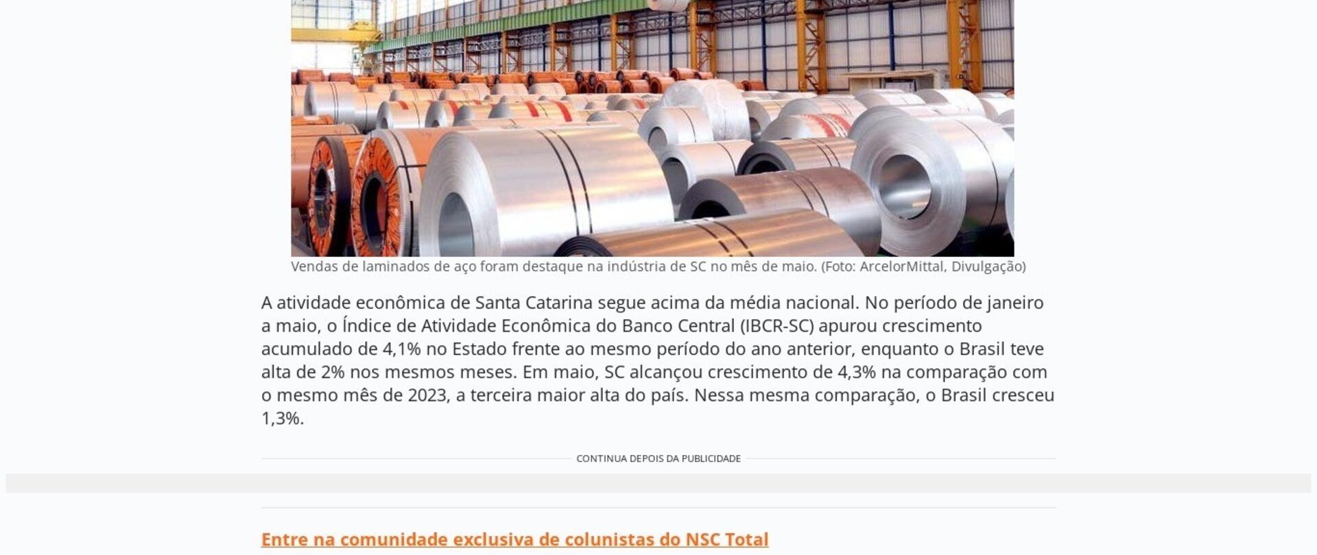 Economia de SC cresce acima da média nacional até maio, mostra prévia do Banco Central