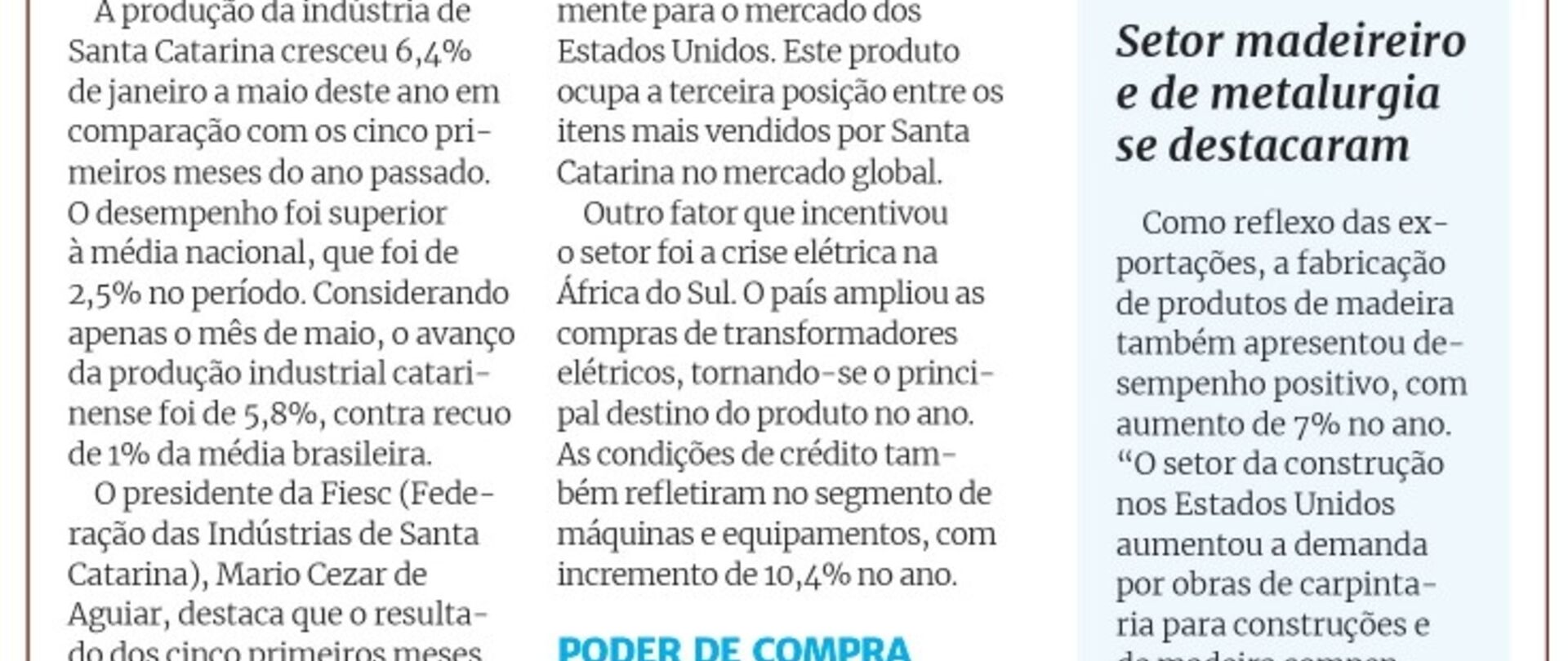 Indústria catarinense registra crescimento de 6,4% até maio