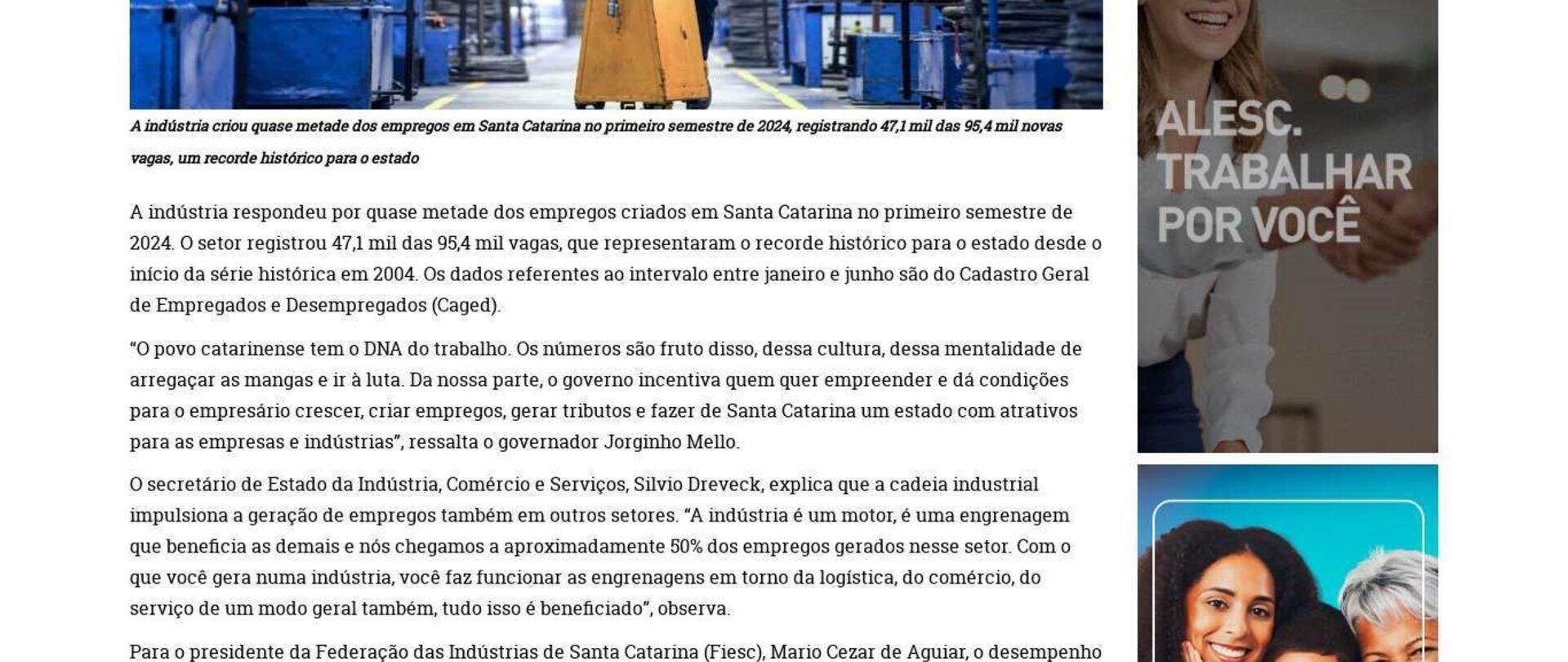 Indústria catarinense gera 47 mil vagas em 2024