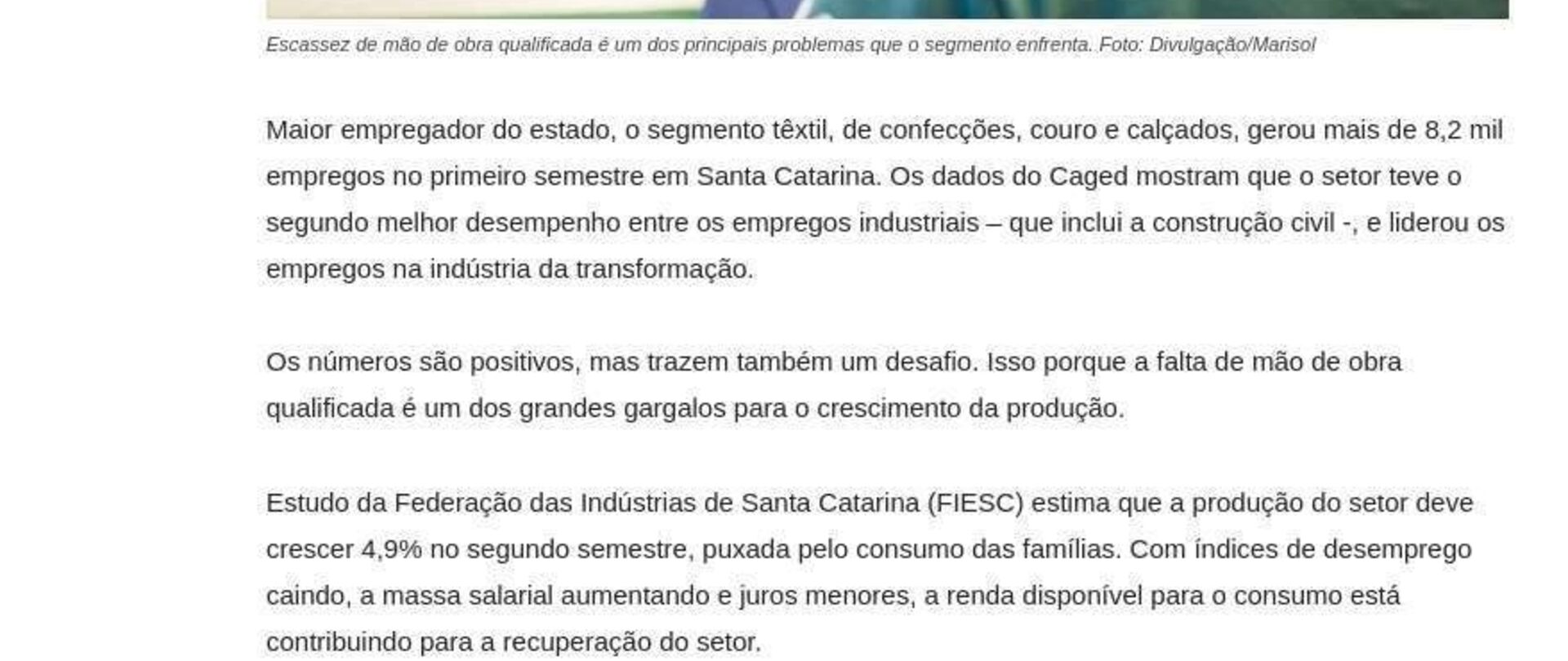 Setor têxtil e de confecções gera 8,2 mil empregos no 1º semestre em SC