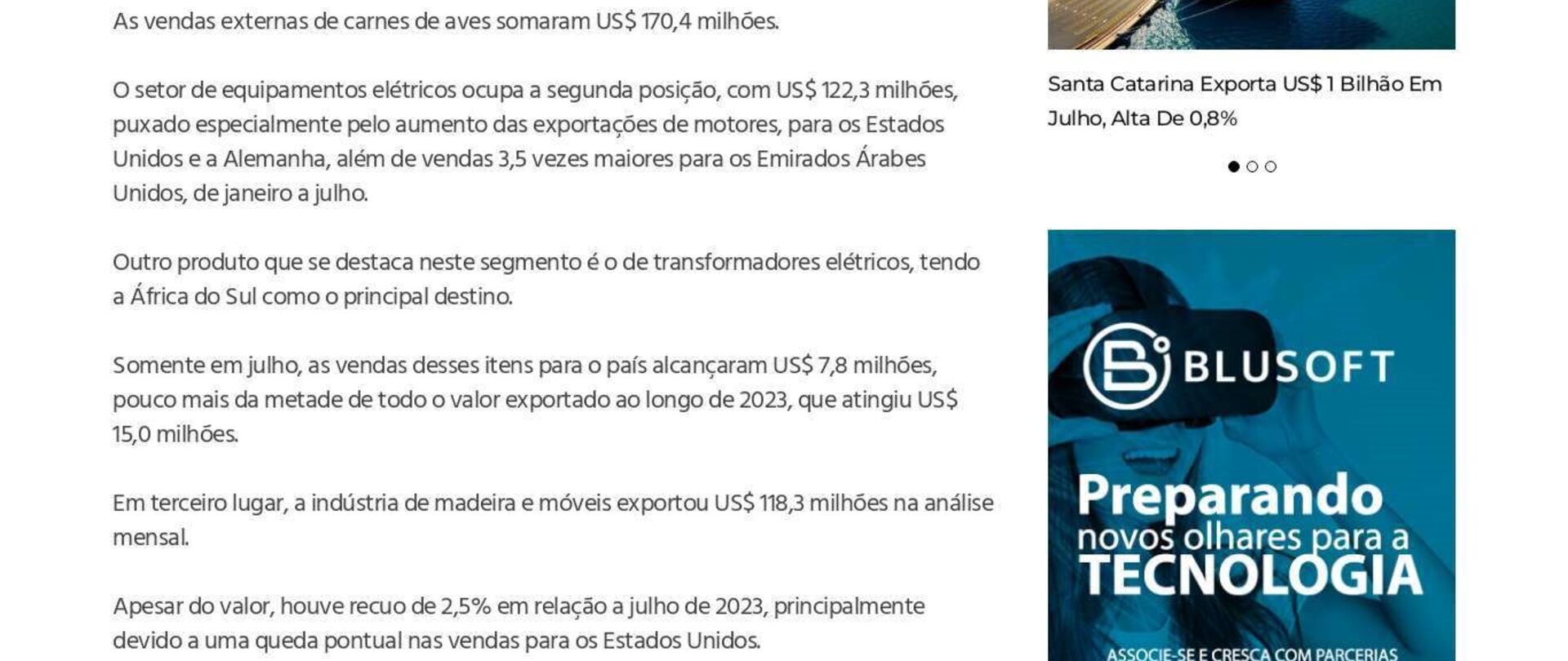 Santa Catarina exporta US$ 1 bilhão em julho, alta de 0,8% 