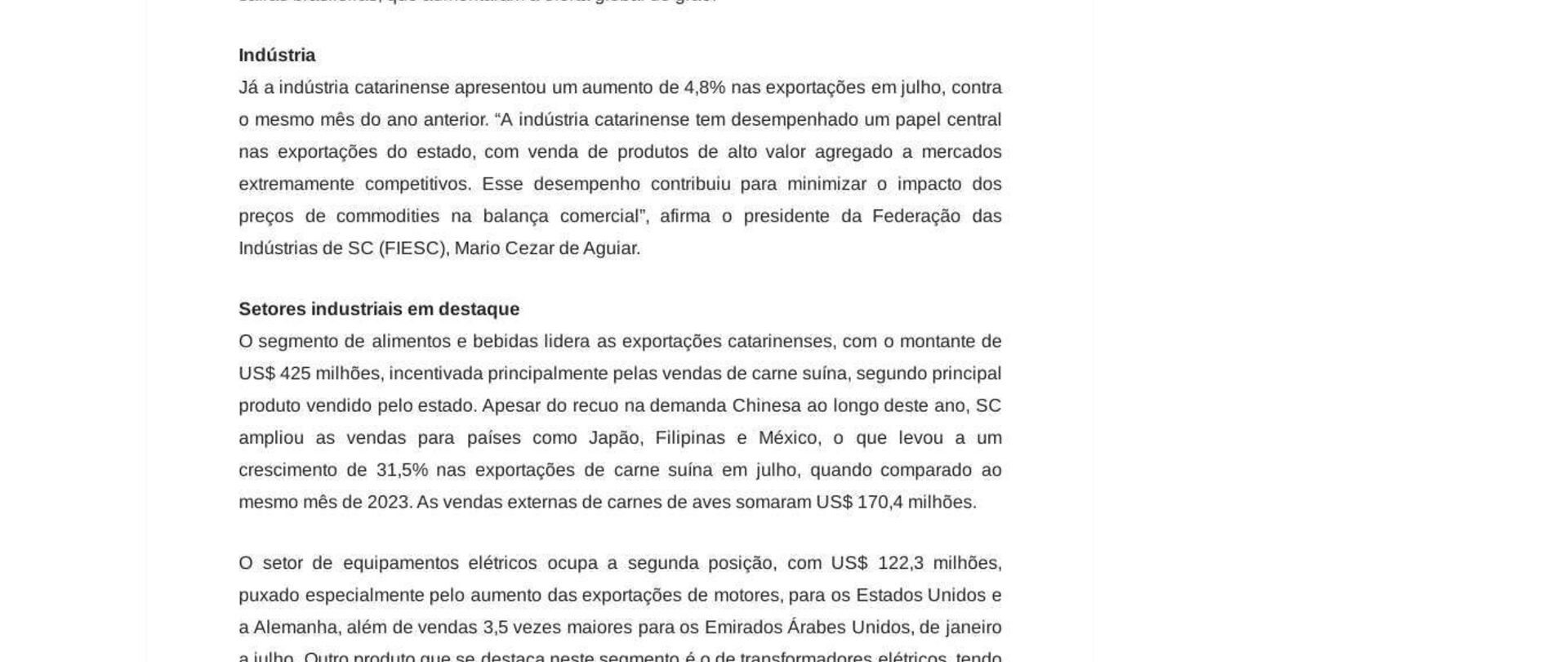 SC exporta US$ 1 bilhão em julho e as exportações acumulam saldo positivo em 2024