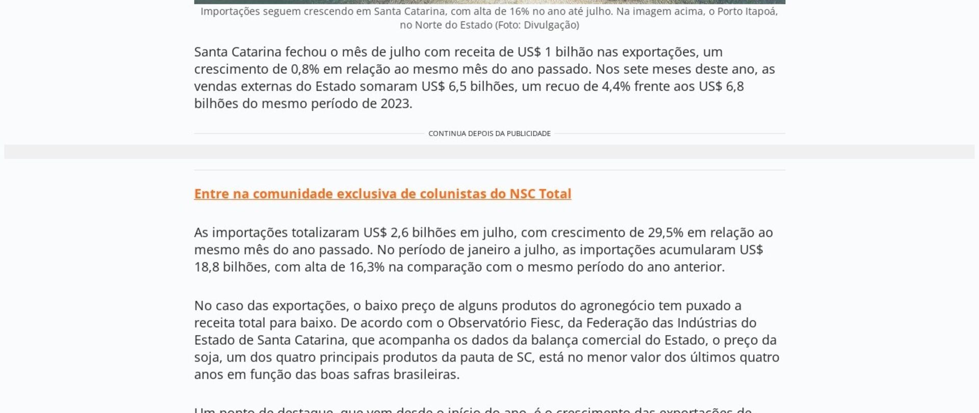 Exportações de SC crescem 0,8% e chegam a US$ 1 bilhão em julho