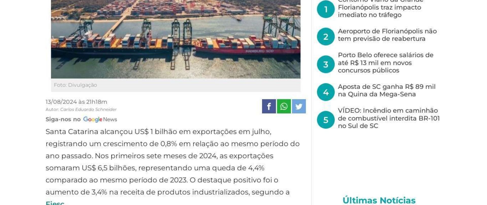 Exportações de SC chegam a US$ 1 bilhão em julho